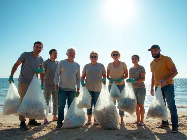 Қоғамдық топ жағажайды қоқыстан тазалап, сөмкелерді ұстап тұр.