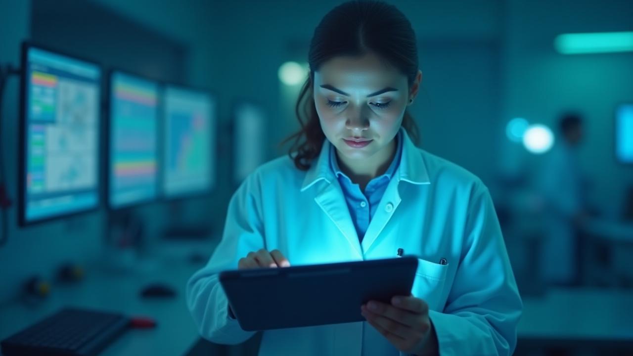 Қазіргі заманғы зертханада планшетті қолданып отырған теңіз биологы